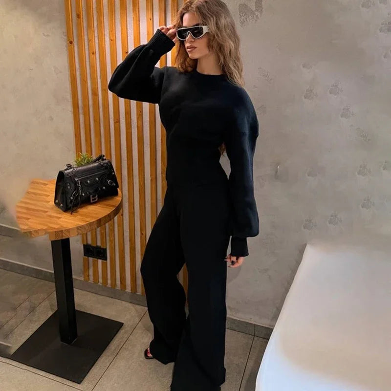 Women Knitwear 2-Piece Set Solid Crew Neck Long Sleeve Slim Waist Ribbed Sweater Top High Waist Wide Leg Pants Casual Set