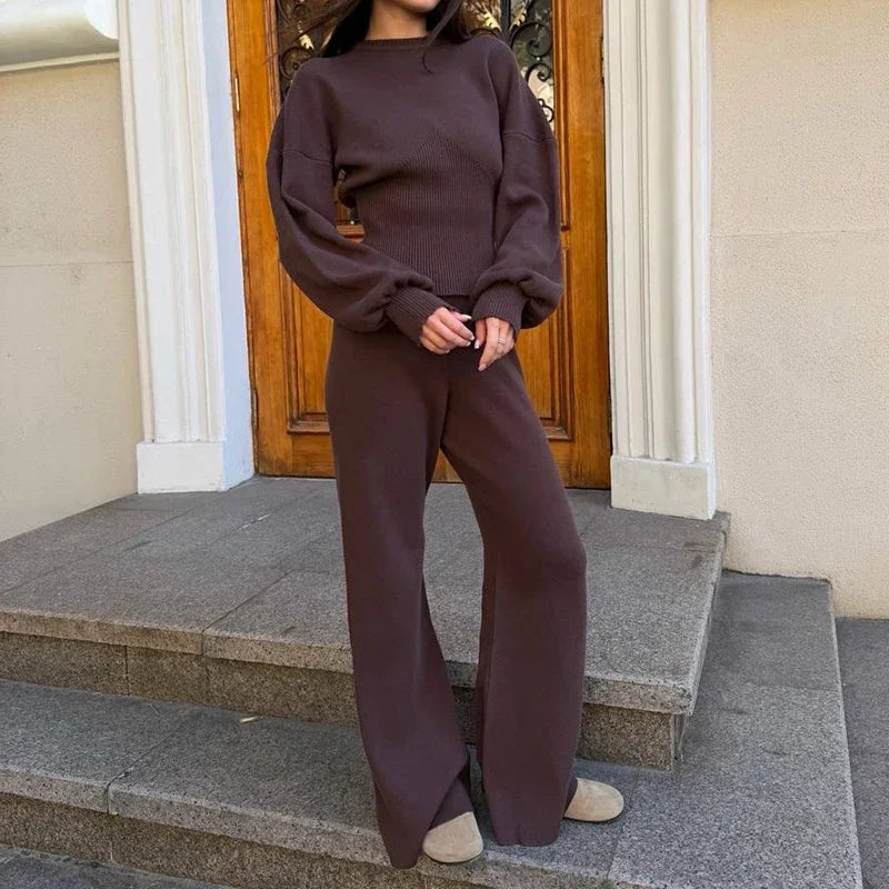 Women Knitwear 2-Piece Set Solid Crew Neck Long Sleeve Slim Waist Ribbed Sweater Top High Waist Wide Leg Pants Casual Set