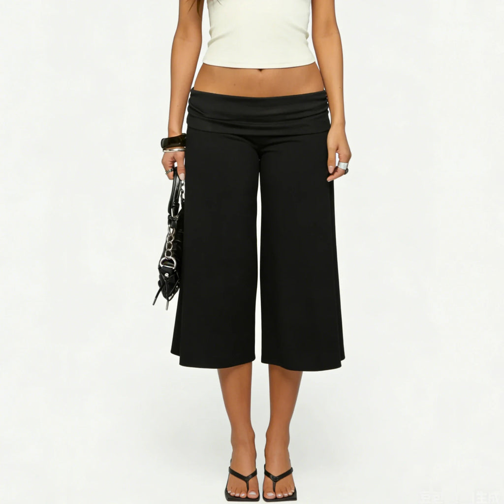 Summer Gaucho Pants Women Fold Over Cropped Capri Pants Low Rise Wide Leg Yoga Capris Palazzo Culotte Stretch Bottoms Streetwear