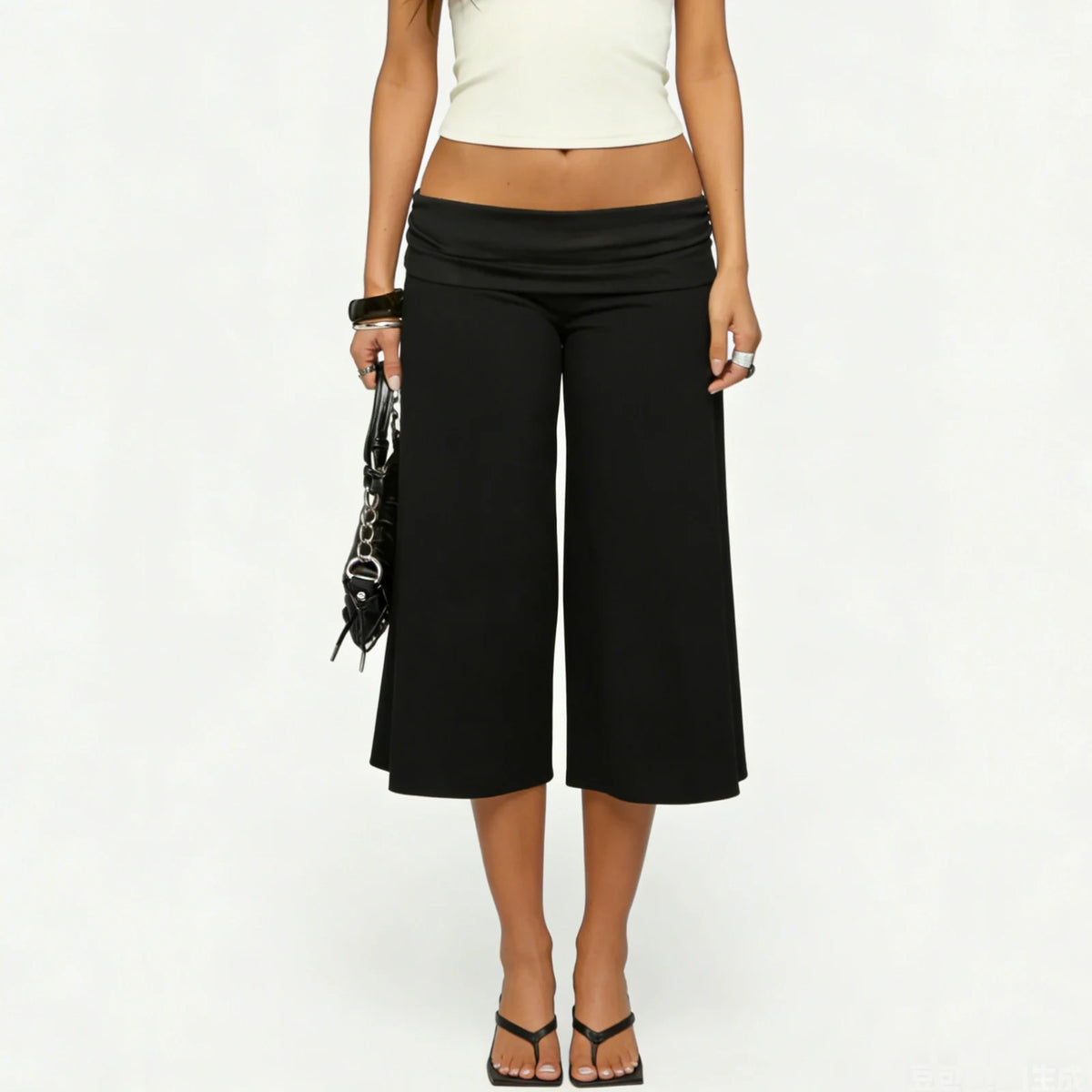 Summer Gaucho Pants Women Fold Over Cropped Capri Pants Low Rise Wide Leg Yoga Capris Palazzo Culotte Stretch Bottoms Streetwear
