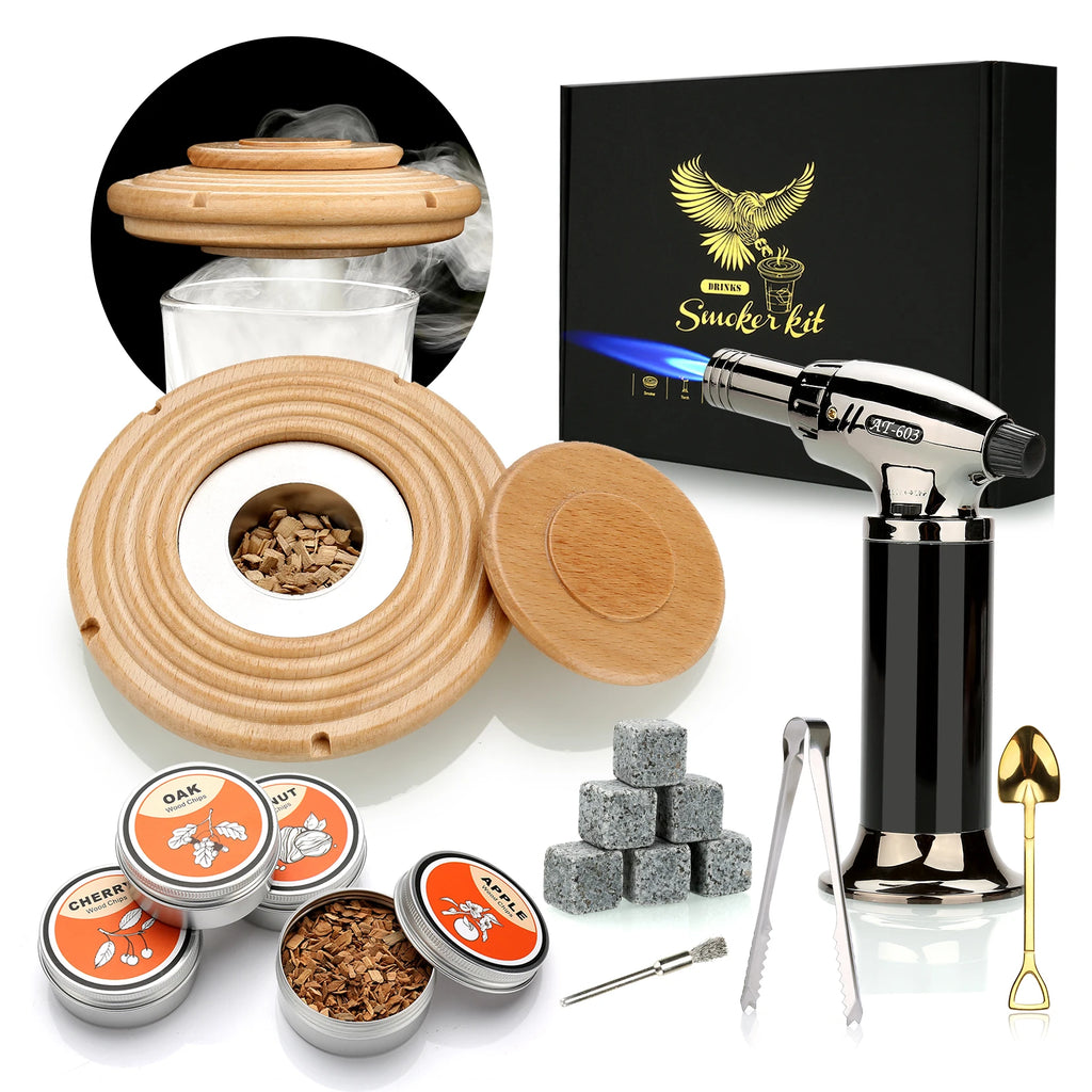 Cocktail Smoker Kit With Torch 4 Wood Chips Whiskey Stones Spoon Ice