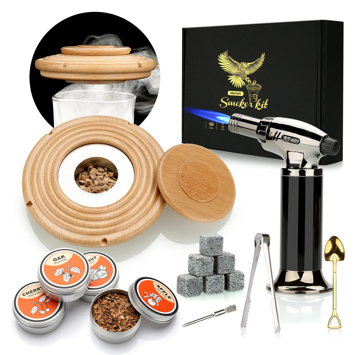 Cocktail Smoker Kit With Torch 4 Wood Chips Whiskey Stones Spoon Ice