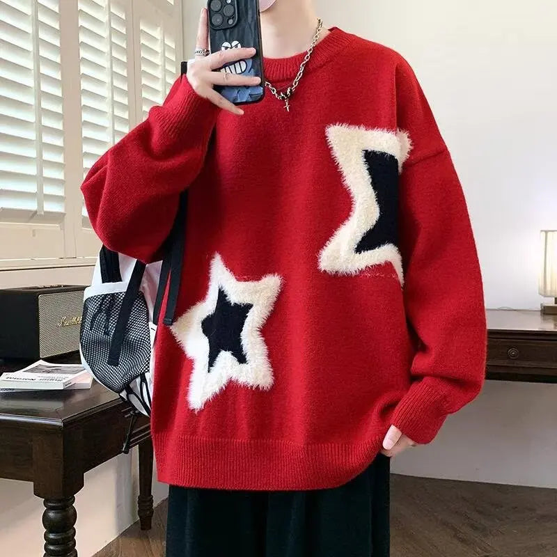Loose Fit Thickened round Neck Knitwear Men's Winter Sweater Fashionable Streetwear Brand Tagkita Polyester Long Sleeve Crew ...