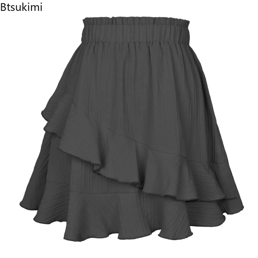 Women Skirts Women Ruffle Skirt High Waist Irregular Solid Color Short