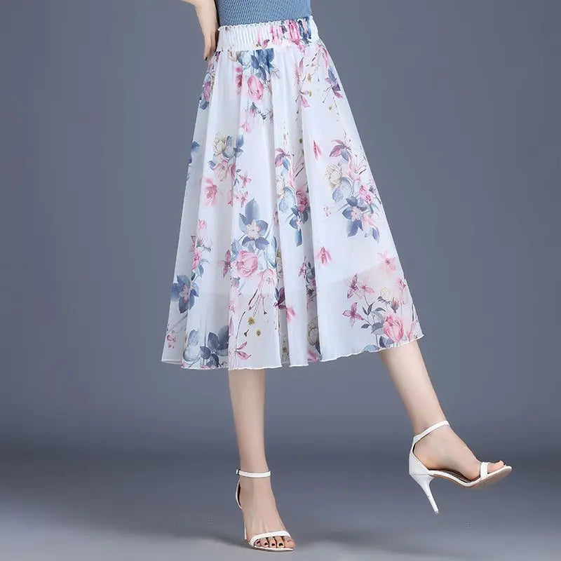 Female Skirts Floral To Knees Length Women'S Skirt Chiffon Vintage Cheap