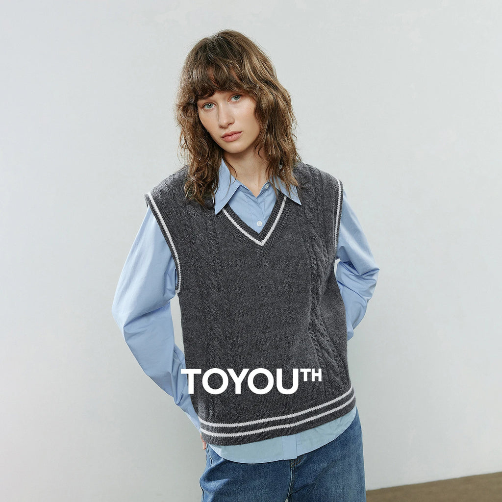 TOYOUTH Women Knitwear 2025 Winter New V-Neck Color-Block Weave Retro Cable Knit Vest Tops