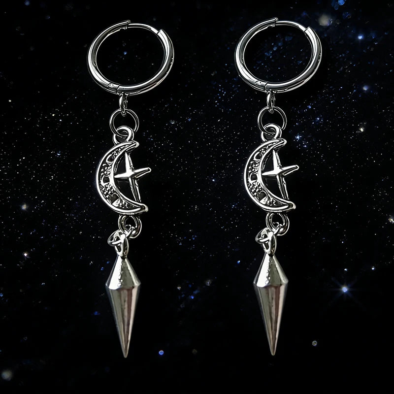 1 Pair of Punk Rock Stainless Steel Pointed Star and Moon Earrings, Suitable for Women to Wear Gothic Jewelry Accessories on a D