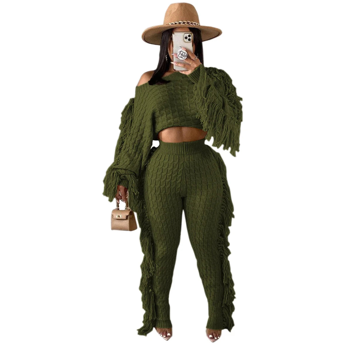 Women Sweater Knitted Pants Suit Knitting 2 Piece Set Pullover Top Trousers Ensemble Tassels Knitwear Outfits 2025 Autumn Winter