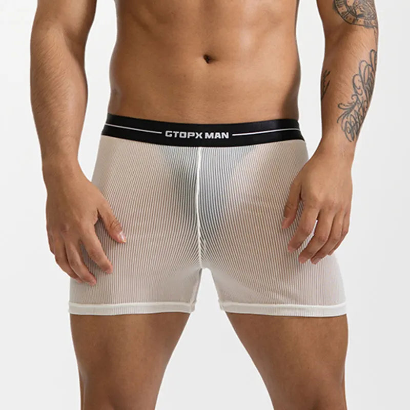 Mens Sexy Mesh Transparent Underwear Mid Waist Ultra-thin Boxer Shorts Breathable Panties Homewear Arrow Pants Solid Underpants