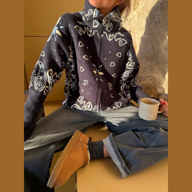 Casual Printed Knitted Women's Cardigan Long Sleeve Zippers Stand Collar Pocket Lady Sweater 2026 Autumn Chic Female Streetwear