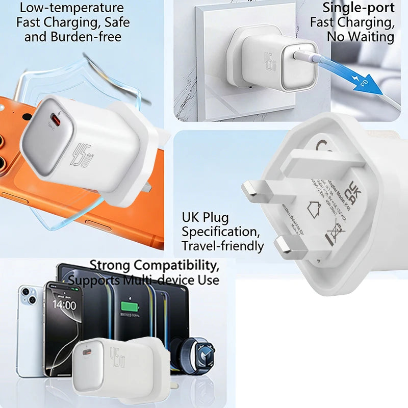 45W UK Plug GaN Charger Adapter UkPlug Type-C PD Adapter