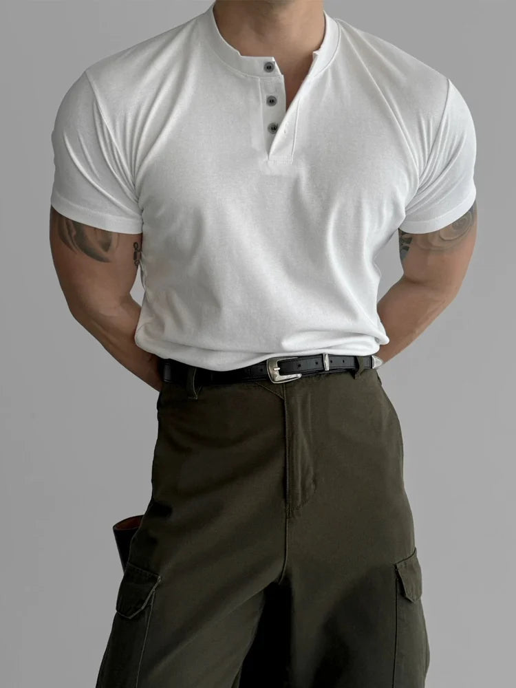 American Style Hard Man Pure Cotton Henry Shirt Muscle Men Half Open V-Neck Short Sleeve Three Button T-Shirt  Shirt