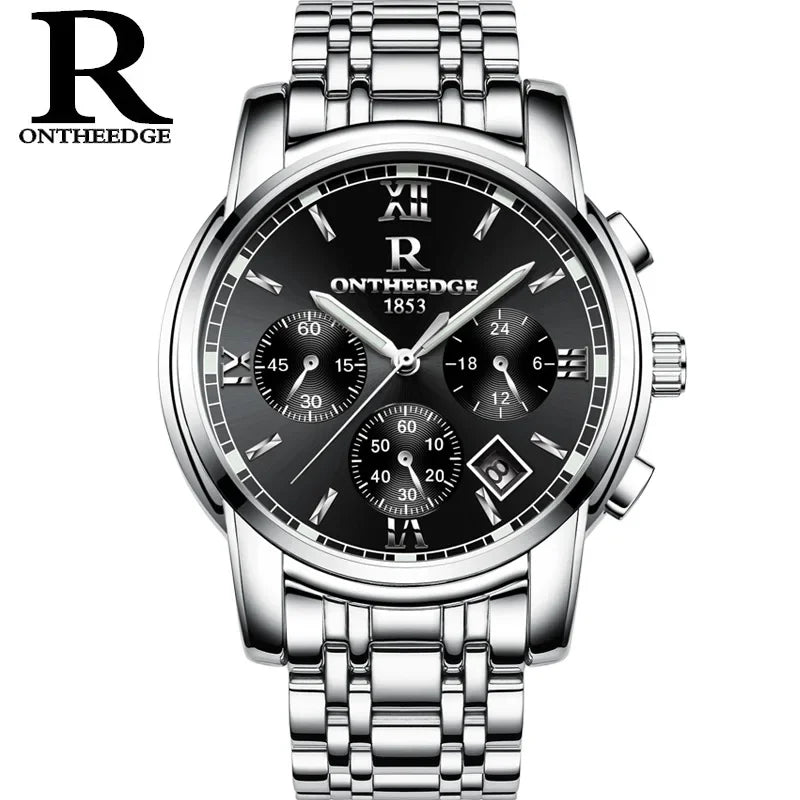 ONTHEEDGE Mens Watches Top Brand Luxury Business Quartz Watch Men All Steel Blue Face Waterproof Chronograph Relogio Masculino