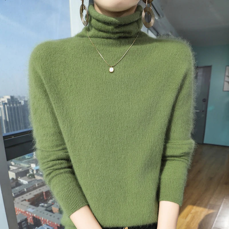 100% Pure Mink Cashmere Knitted Pullovers Women High-Neck Loose Large-size Sweater Casual Warm Tops Autumn and Winter Base Shirt