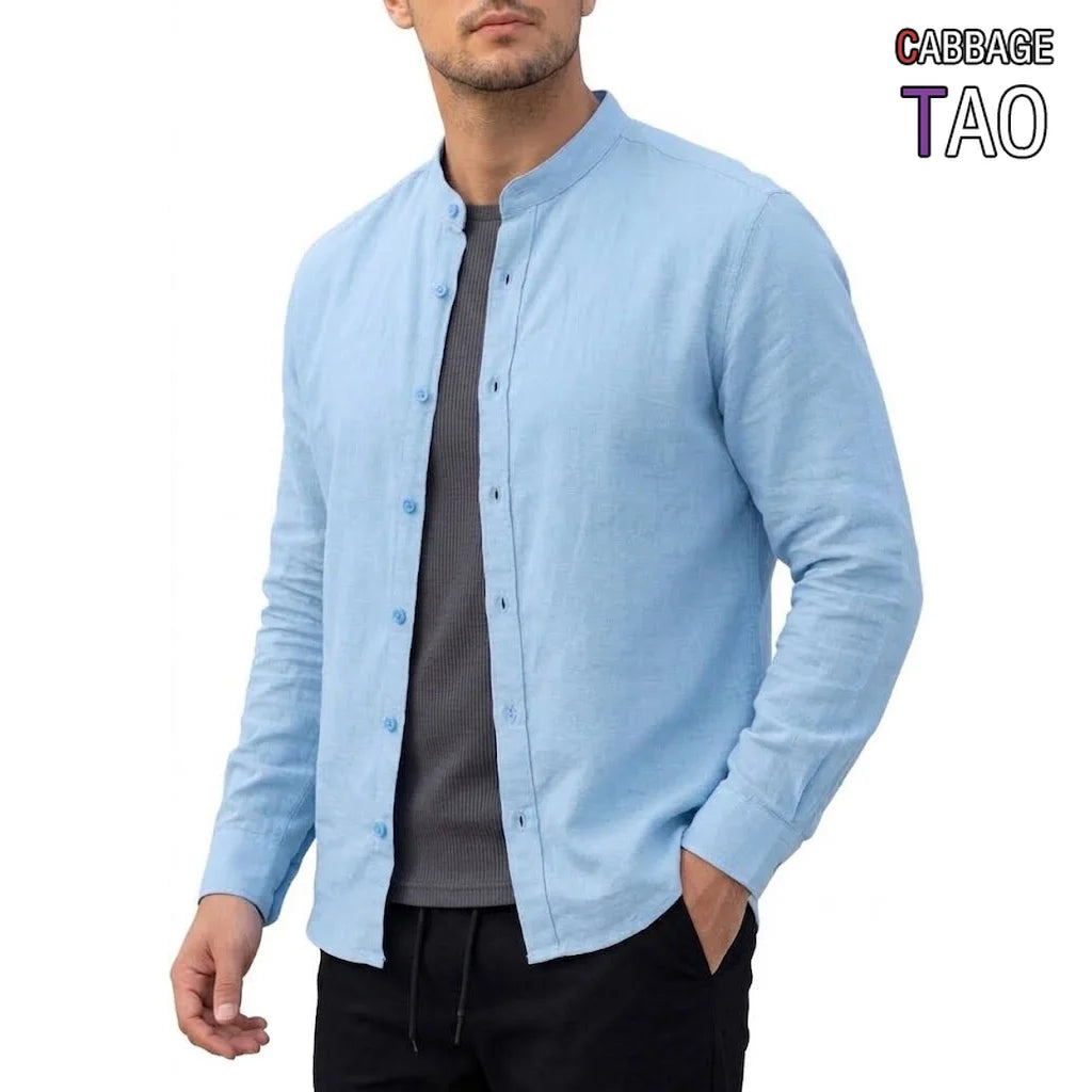 Mens Casual Button Down TShirt Long Sleeve Breathable Linen Shirts Lightweight Stand Collar Urban Streetwear Loose VNeck Tops