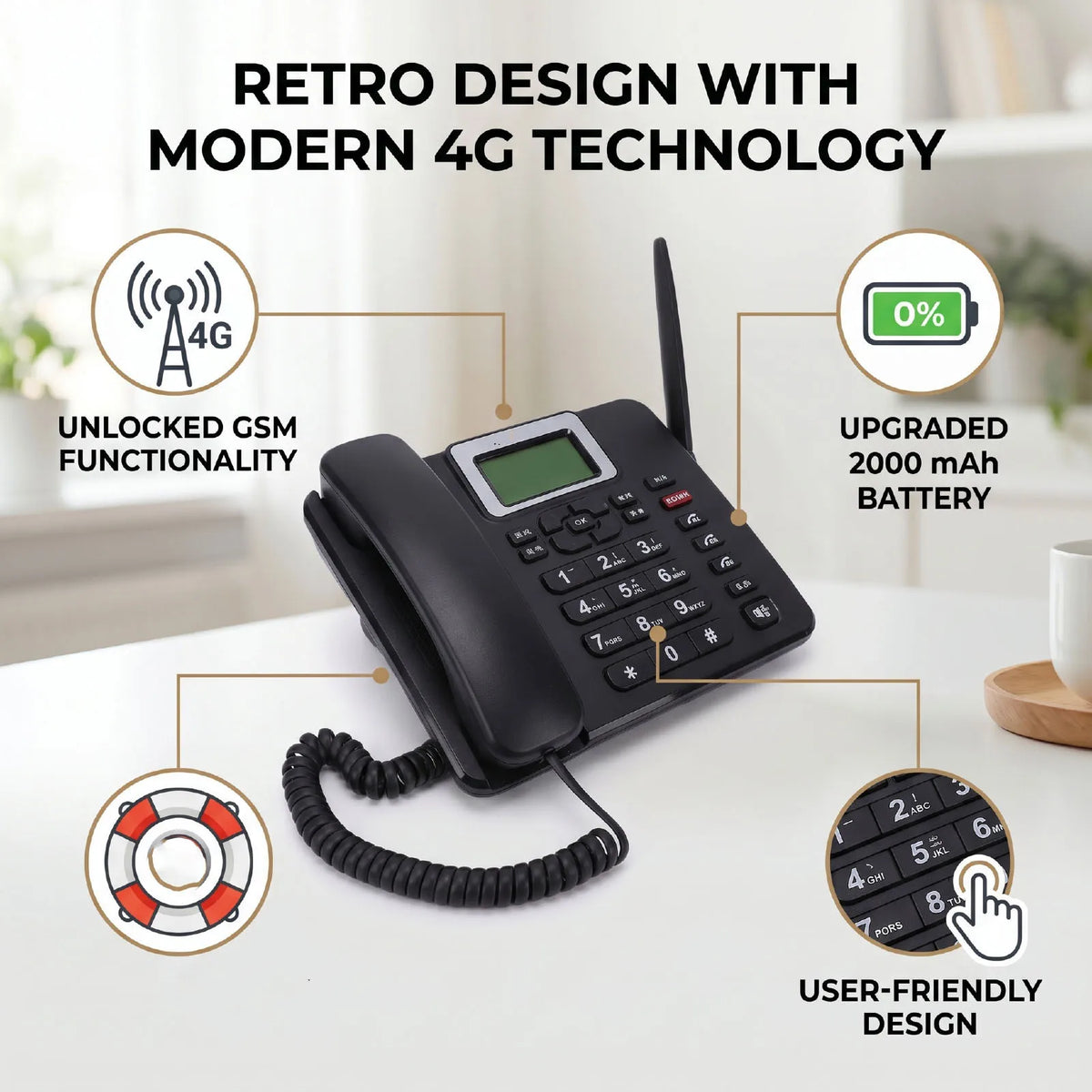 Wireless GSM Desk Telephone Antique 4G Mobile Unlocked Retro Cell Phone