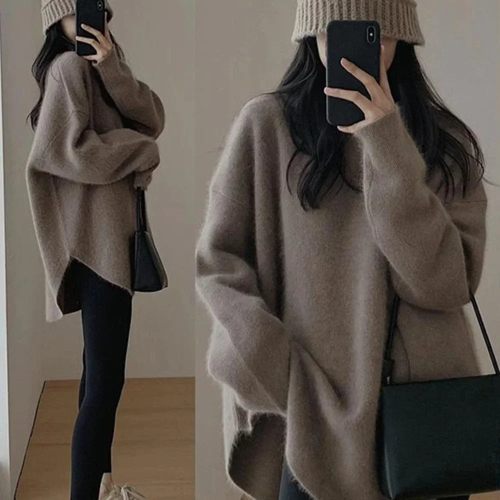 Knitted Top for Women Round O Neck Black Ladies Sweaters Red Long Pullovers Pink Streetwear Winter Thermal Blouse Warm Modern