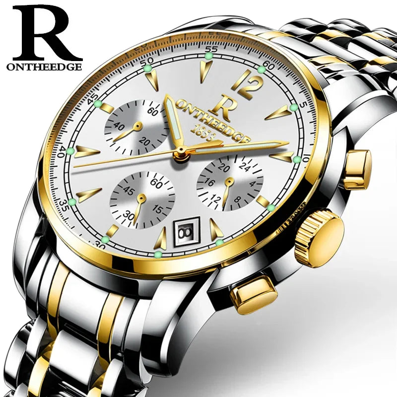ONTHEEDGE Mens Watches Top Brand Luxury Business Quartz Watch Men All Steel Blue Face Waterproof Chronograph Relogio Masculino
