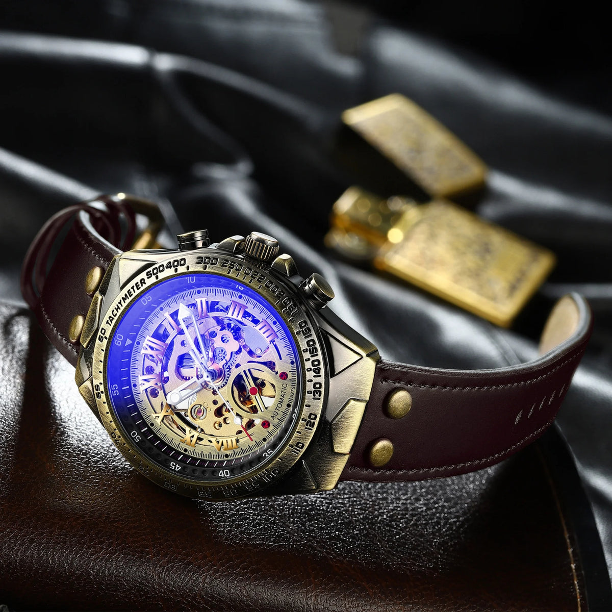 Men Automatic Mechanical Watch  Alloy Case Hollow Dial  Strap   Business Luxury Self Winding Wristwatch Gift for Gentlemen Male
