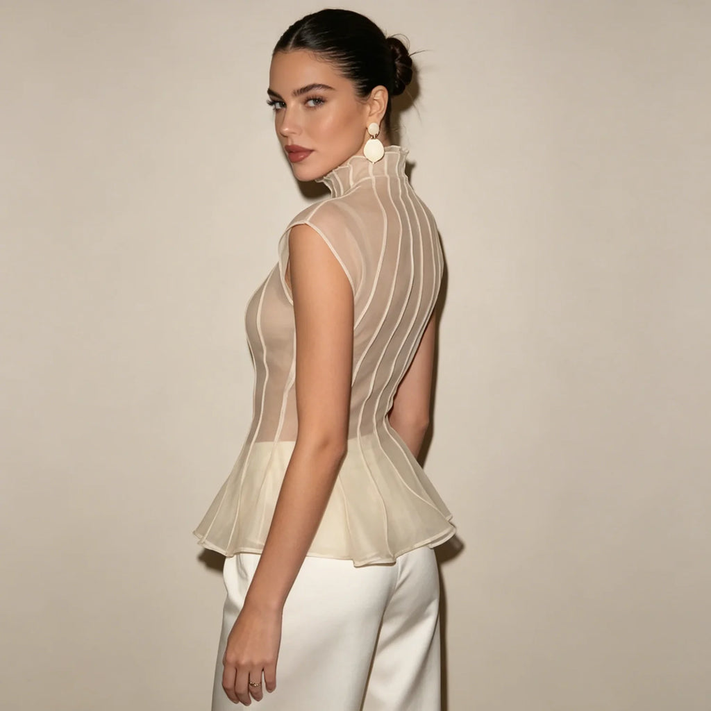 LIMO Women Sheer Organza Blouse Sleeveless High Neck Ruffle Peplum Top