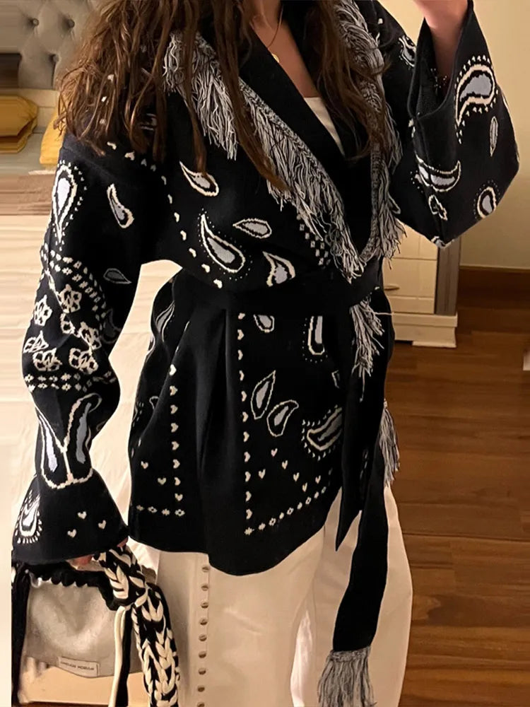 Tassel Patchwork Printed Cardigan Women Geometric Patterns Belts V-neck Long Sleeve Knitted Street Lady Sweater 2025 Autumn Coat