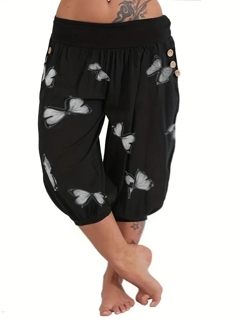 Women'S Plus Size 1XL-8XL Butterfly Capri Pants Comfy Stretch Waistband