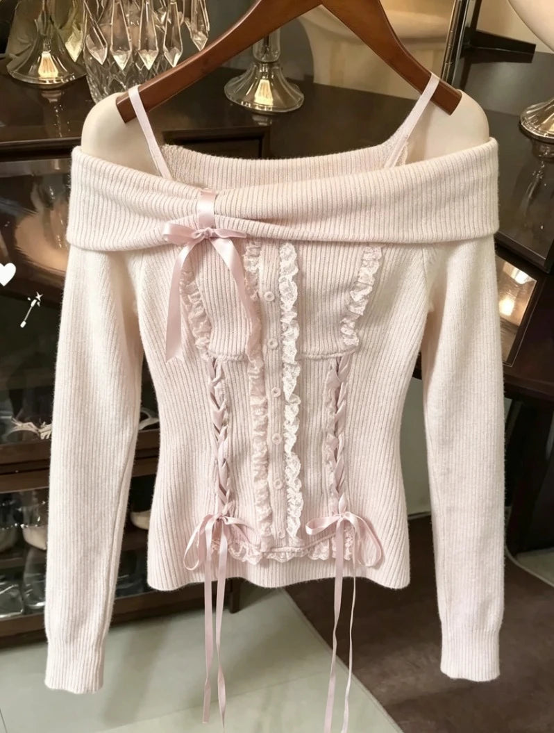 Sweet Daily Streetwear Japanese Women Slim Fit Off Shoulder Knit Jumper