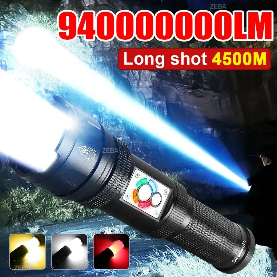 2026 Powerful LED Flashlight Rechargeable Flashlights Built-in 2*18650 Tactical Torch Long Range 4500M Camping Fishing Lantern