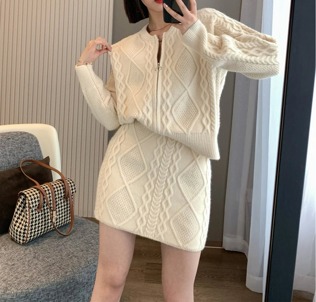 Autumn and Winter Wear Fashion Texture Knitted Sweater Cardigan Skirt Set Women's Two-piece Set