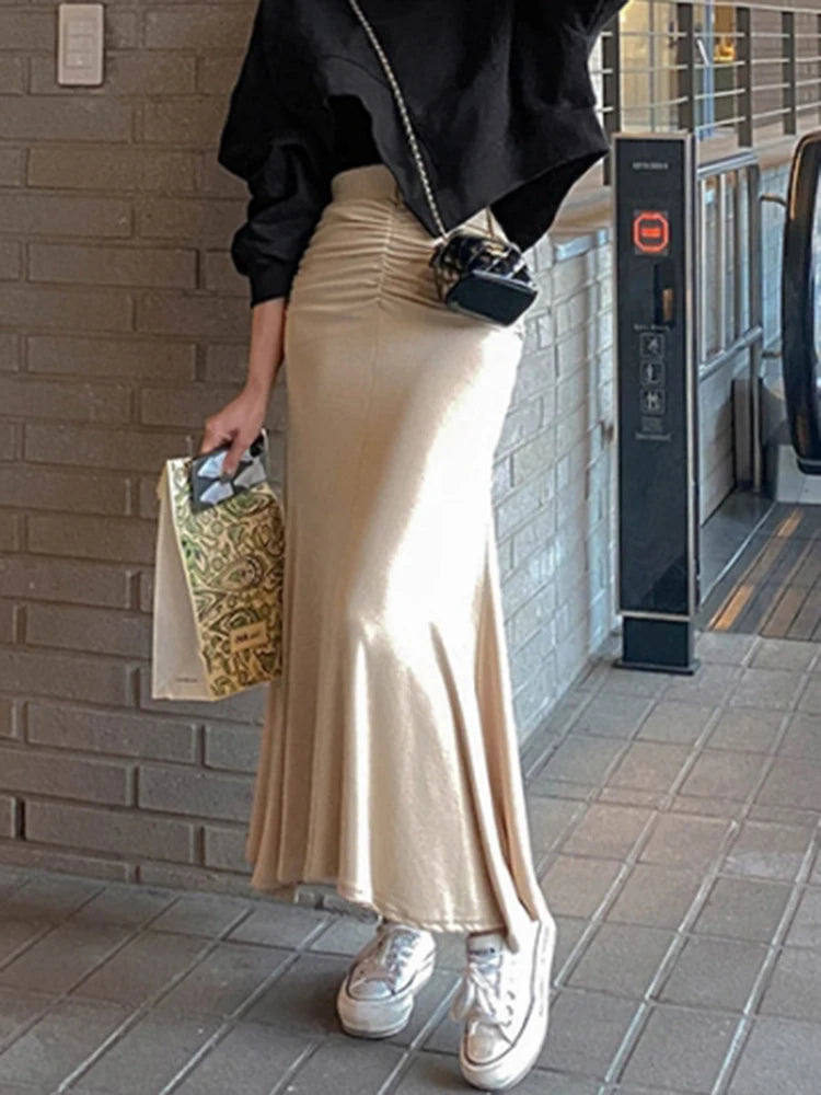 Shirring Satin Skirts for Women High Waisted Skirt Women A-Line Elegant