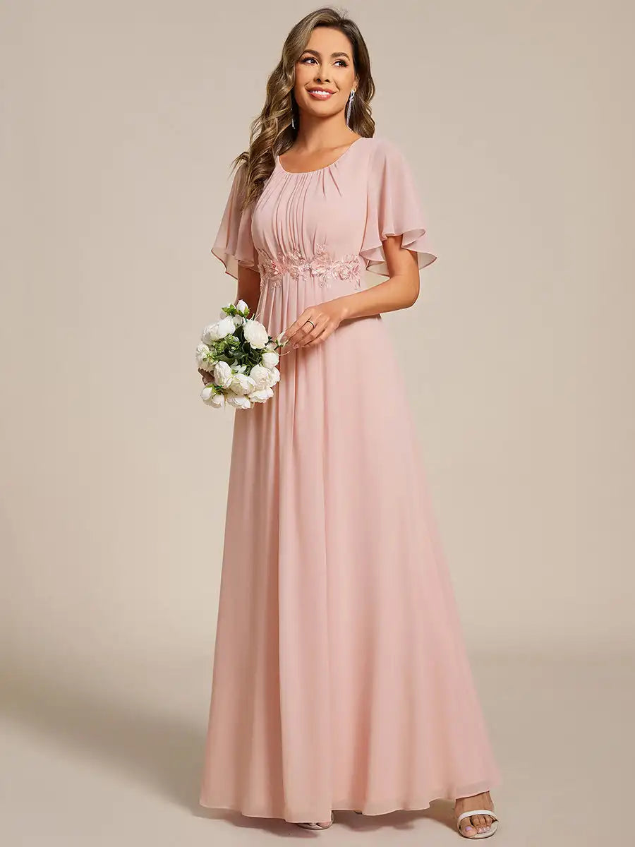 Evening Dresses Short Sleeves Pleated Applique Floor-Length Ever Pretty