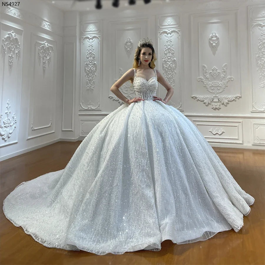Customized Straps Ball Gown Pearls Beading Princess Wedding Dress