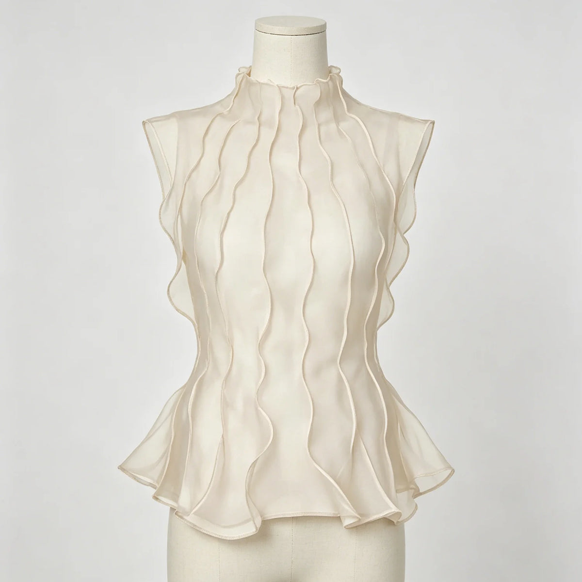 LIMO Women Sheer Organza Blouse Sleeveless High Neck Ruffle Peplum Top
