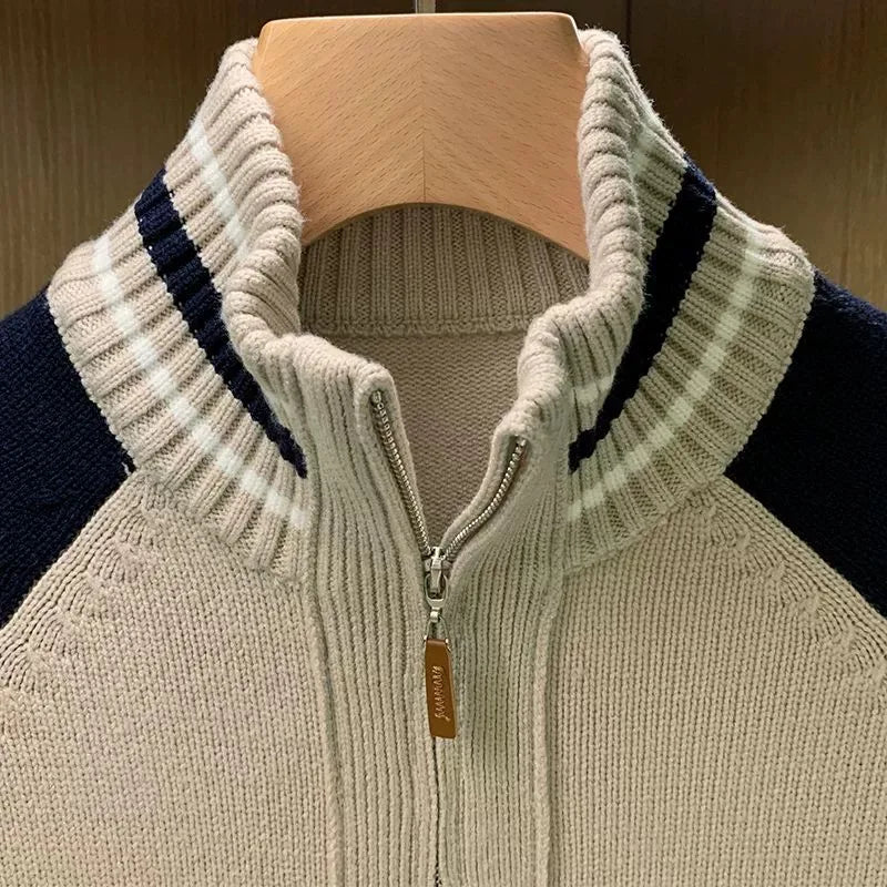 Fashion Color Block Knitwear Men's Winter Warm Casual Half High Zipper Sweater Coat Soft Double Knit Vintage Style