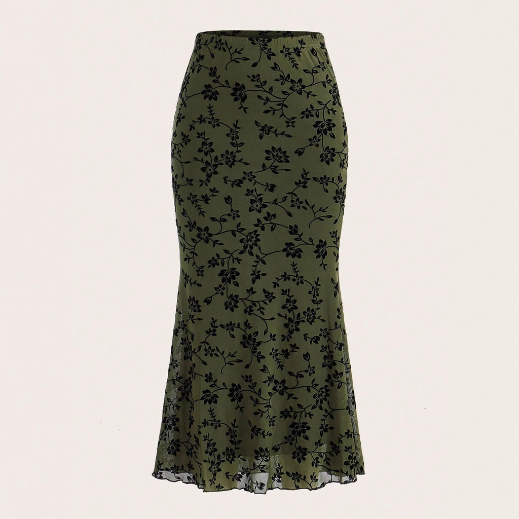 Elegant Dark Green Long Skirts Women 2025 Autumn Casual Floral Half-body Fishtail Slim Maxi Skirt