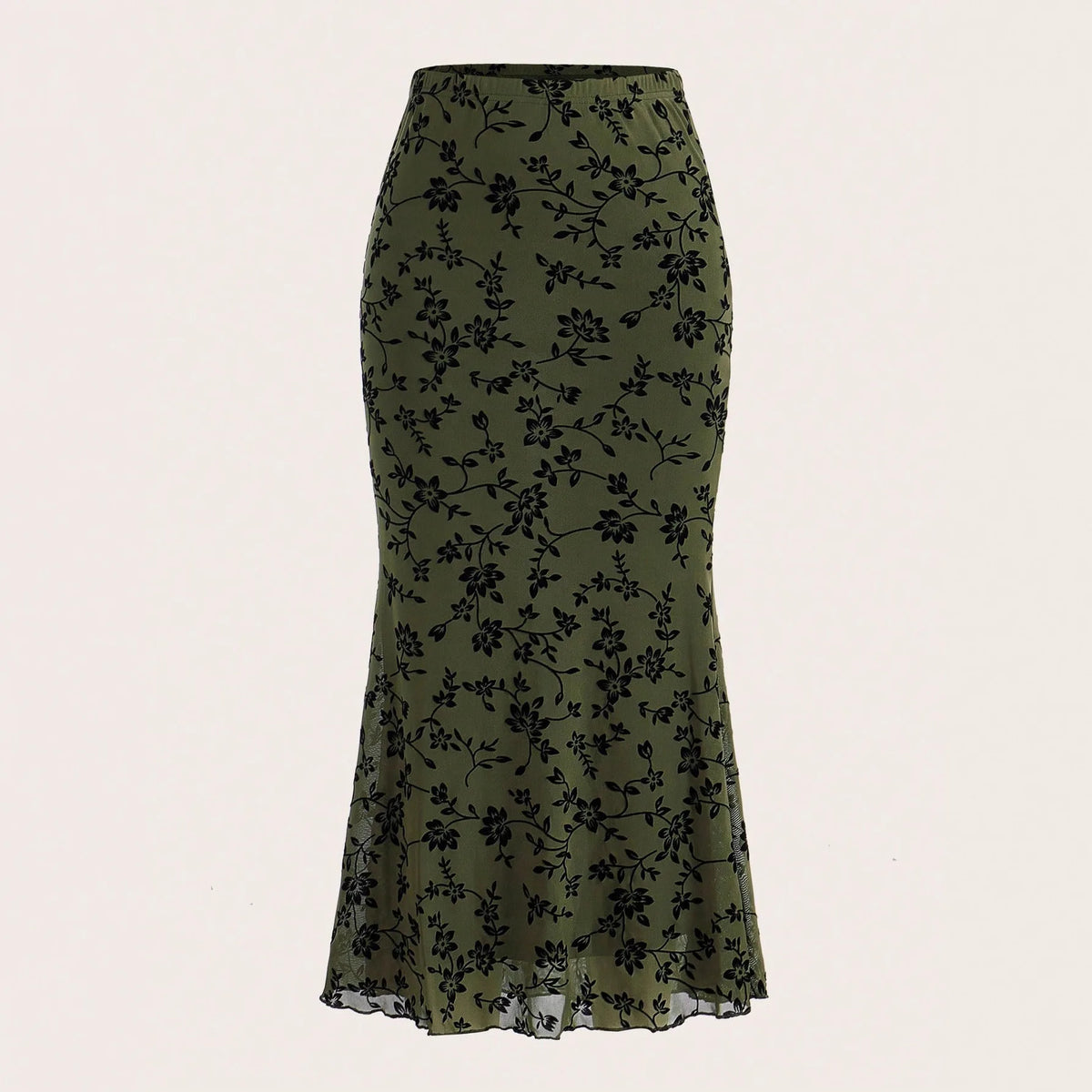Elegant Dark Green Long Skirts Women 2025 Autumn Casual Floral Half-body Fishtail Slim Maxi Skirt