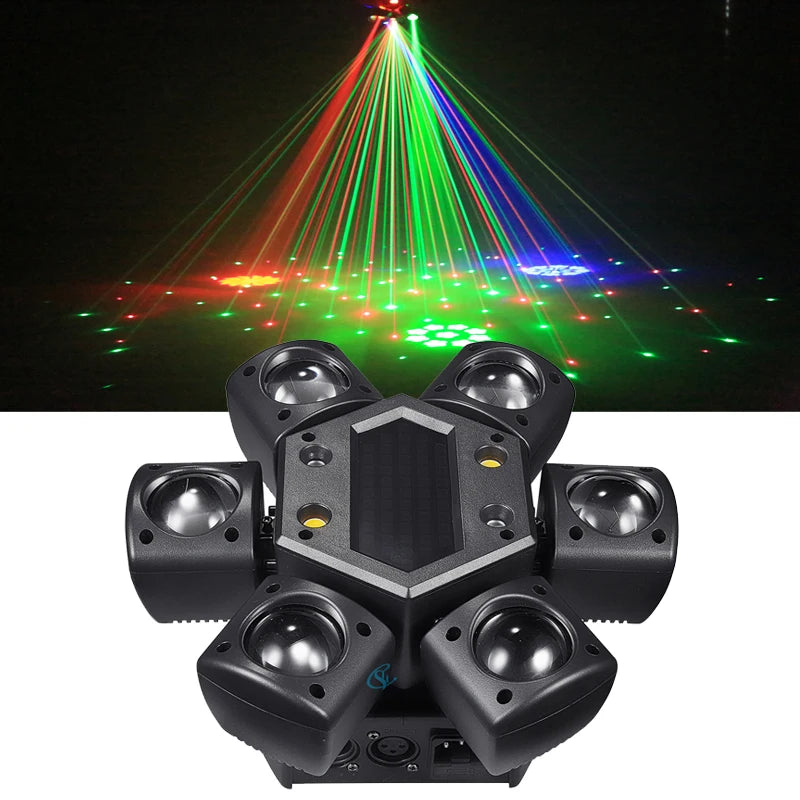 80W RGB LED Beam Moving Head Light Mini Six Arm Stage Rotating Effect Lights Remote Controller  DJ Disco Party Lamp