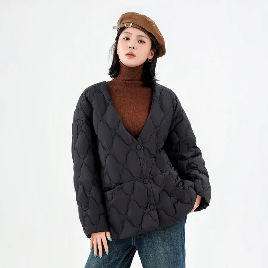 Winter Fashion Big V-neck Short Down Jacket Female Warm Single-breasted Lightweight Jacket Women White Duck Down Quilted Outwear