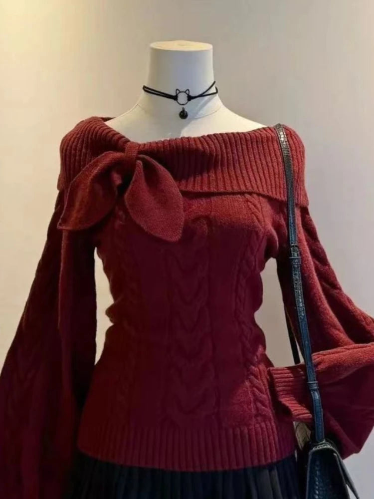 Sweet Daily Streetwear Japanese Women Slim Fit Off Shoulder Knit Jumper