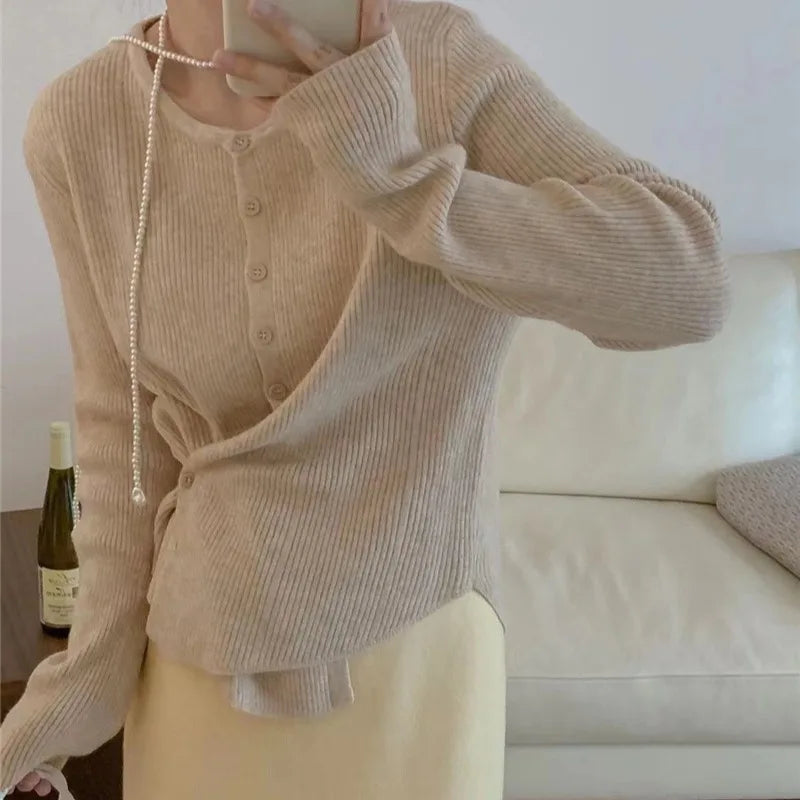 Women's Knitted Sweater 2025 New Style Versatile Simple  Cream Yellow Trendy Two-Way Wear Thin Top Commute Style Long Sl...