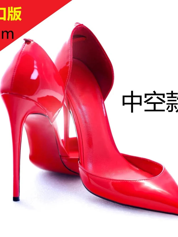 Patent leather 12cm black high heels, ultra-shallow opening, thin heel, sexy pointed toe, large size, single shoes, women's