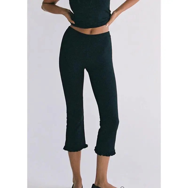 Combhasaki Women Y2k Vintage Capri Pants Elastic High Waist 3/4 Length Trousers Solid/Dots Ruffle Hem Slim Fit Cropped Leggings