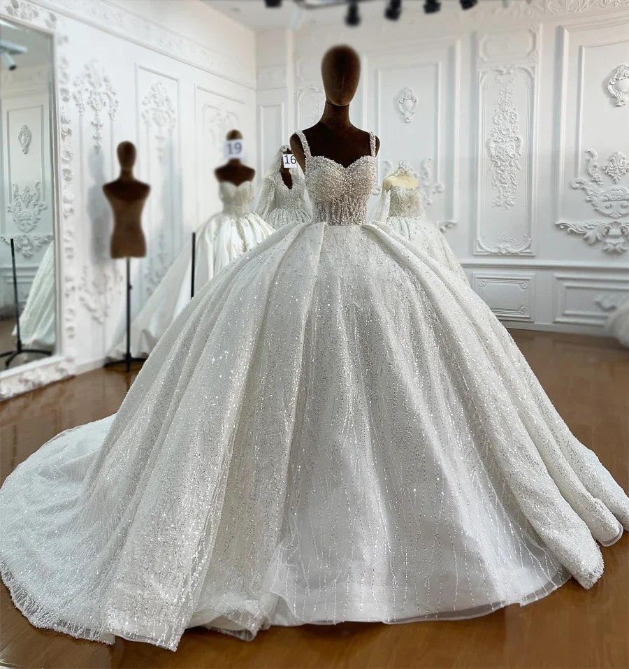 Customized Straps Ball Gown Pearls Beading Princess Wedding Dress