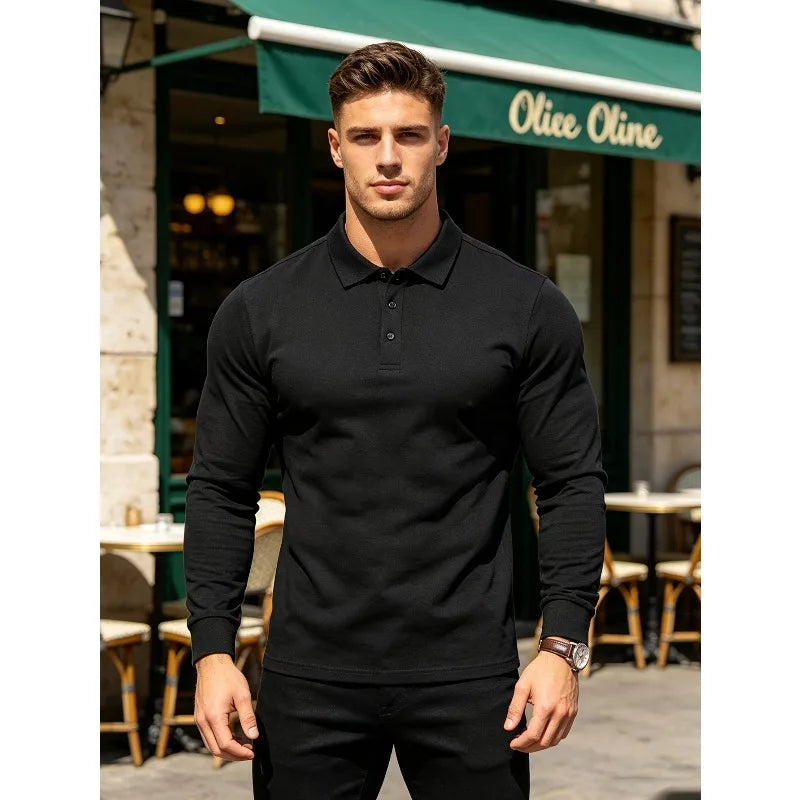 Men's Versatile Polo Shirt with Lapel and Button Design, Made of Comfortable Fabric, Long-sleeved Top