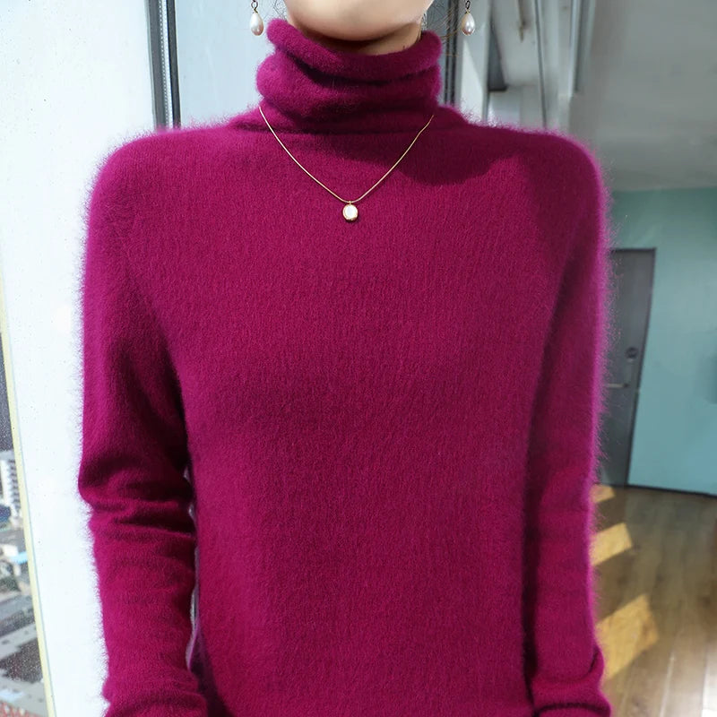 100% Pure Mink Cashmere Knitted Pullovers Women High-Neck Loose Large-size Sweater Casual Warm Tops Autumn and Winter Base Shirt