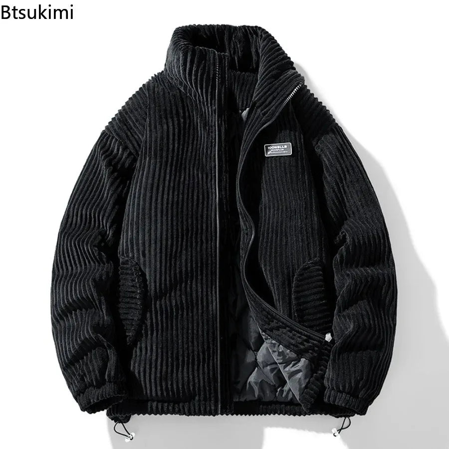 New Winter Fashion Casual Parkas for Men Stand Collar Solid Color Outerwear Corduroy Thicken Warm Jacket Cotton-padded Jacket