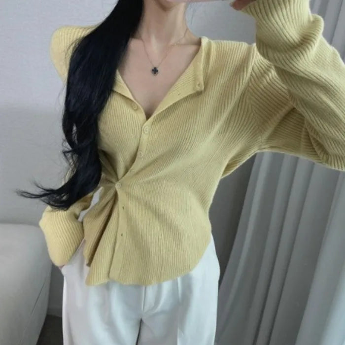 Women's Knitted Sweater 2025 New Style Versatile Simple  Cream Yellow Trendy Two-Way Wear Thin Top Commute Style Long Sl...