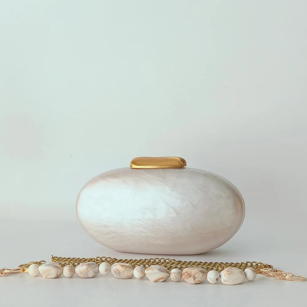 Lady Pearl Marble Brown Shell Egg Acrylic Box Clutch Purse Women Evening Purses Wedding Handbags Female Shoulder Bags Day Clutch