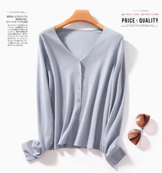 Wearable in All Seasons, 100% Superfine Worsted Wool Knitwear for Women, V Neck Long-Sleeved Cardigan Jacket, Simple Commuter Thin Outerwear, Short Style