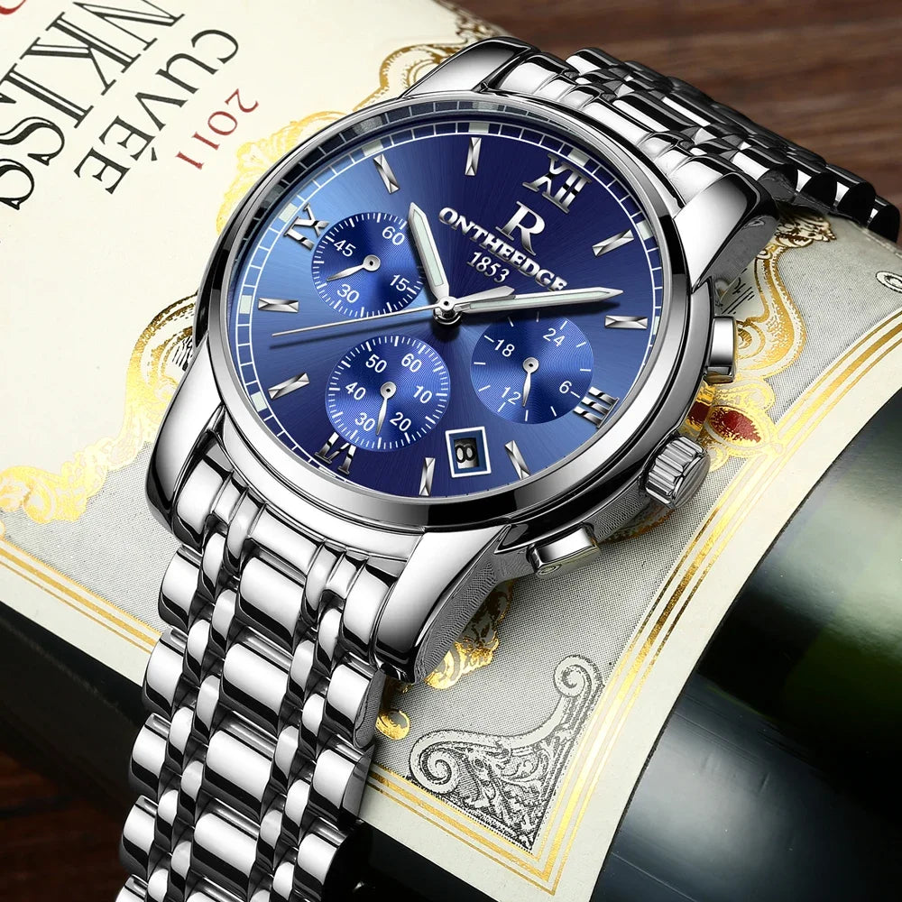 ONTHEEDGE Mens Watches Top Brand Luxury Business Quartz Watch Men All Steel Blue Face Waterproof Chronograph Relogio Masculino